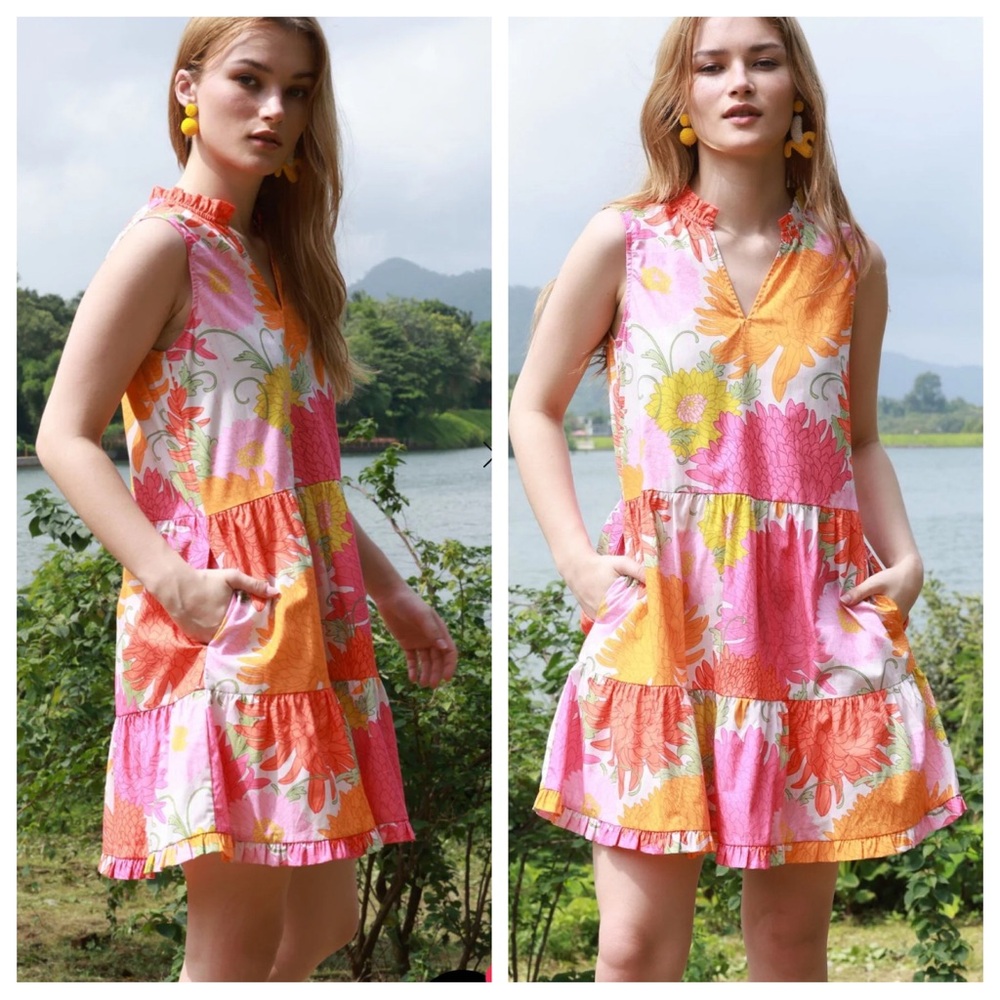 NWOT Maude Vivante Kyra Dress XS Pink Orange White Floral Print Tiered Mini